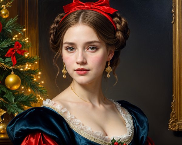 Young Woman in Elegant Gown Against Christmas Backdrop