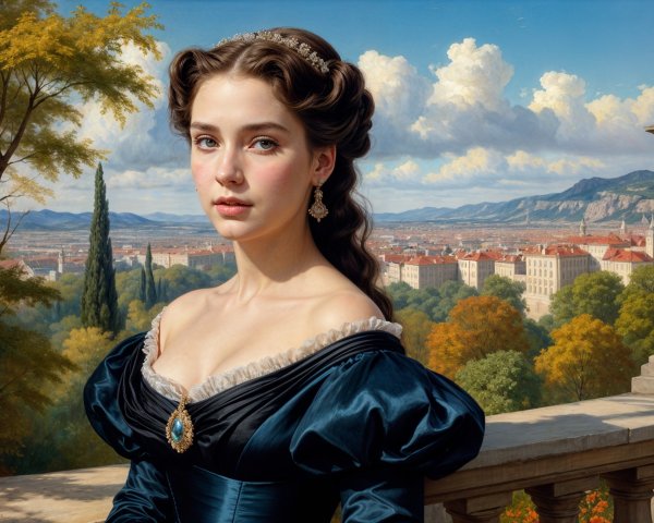 Young woman in dark blue gown against scenic landscape
