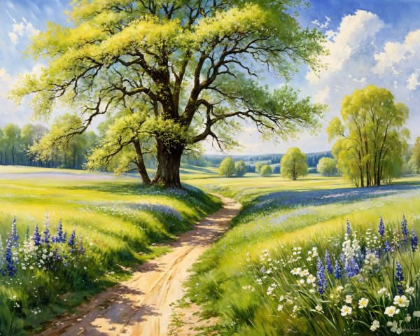 Serene Landscape with Winding Path and Wildflowers