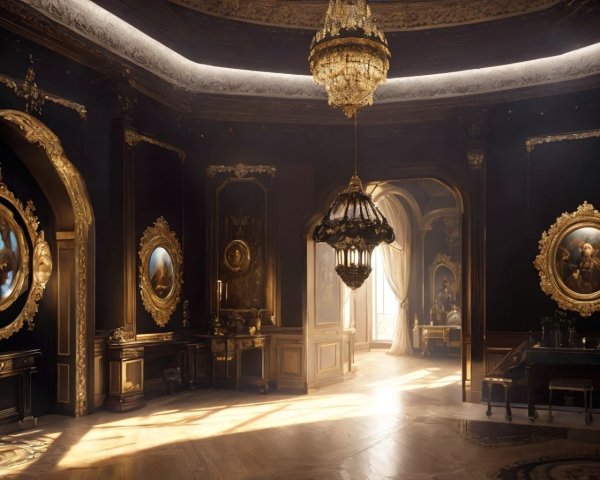 Opulent Interior with Golden Accents and Chandeliers