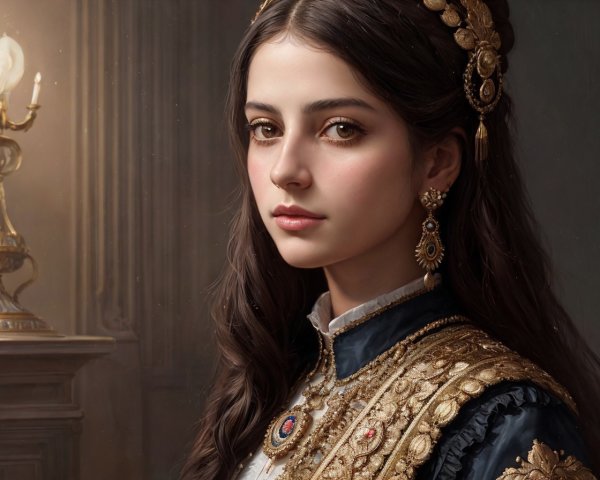 Young woman in ornate outfit with gold embroidery
