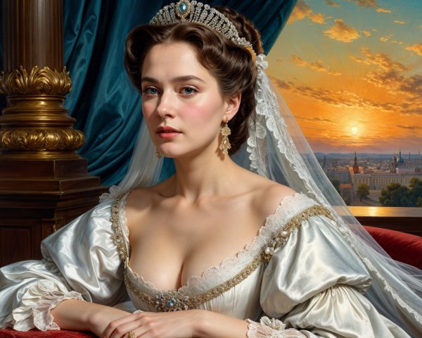 Elegant Portrait of Woman in Historic Gown at Sunset