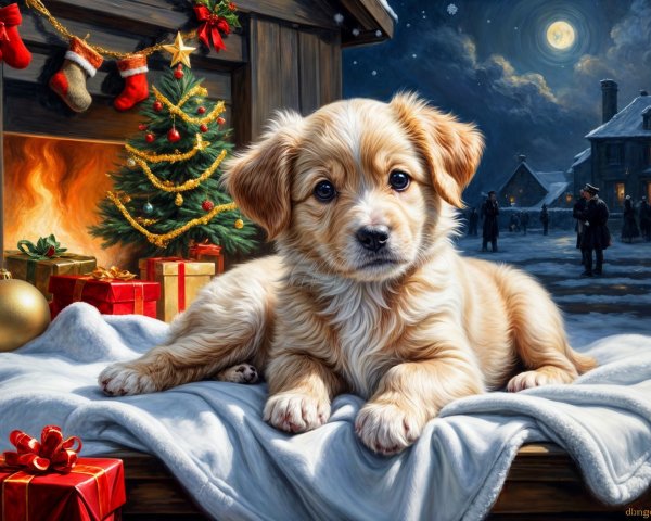 Cozy Holiday Scene with Puppy by Fireplace and Tree