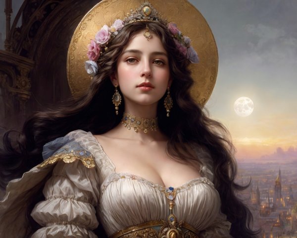Regal woman in golden halo against cityscape and moonlit sky