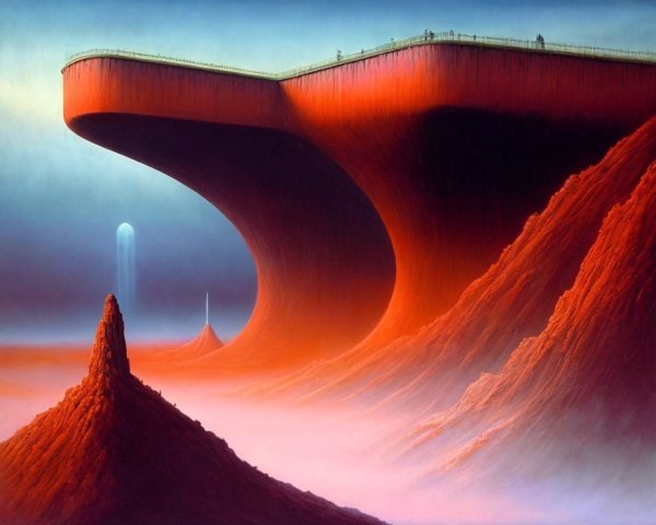 Futuristic surreal landscape with giant red wave and spires against pastel sky