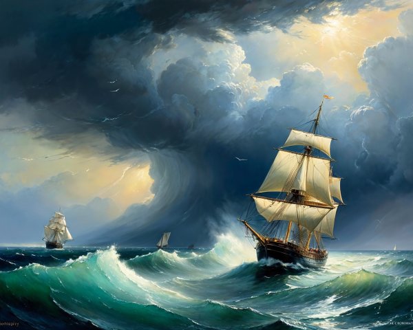 Dramatic Seascape with Sailing Ships and Stormy Sky
