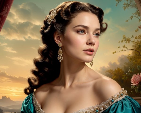 Elegant woman in turquoise gown at sunset landscape