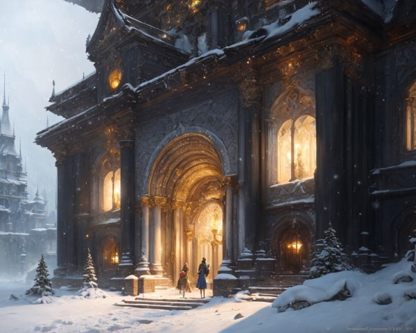 Grand illuminated building with intricate architecture in snowy landscape with two figures