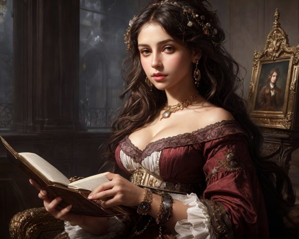 Woman in historical dress with corset reading book in ornate room.
