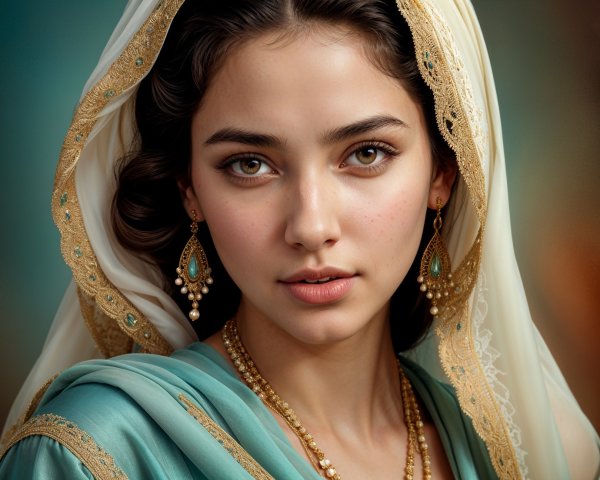 Young woman in elegant turquoise outfit with gold details