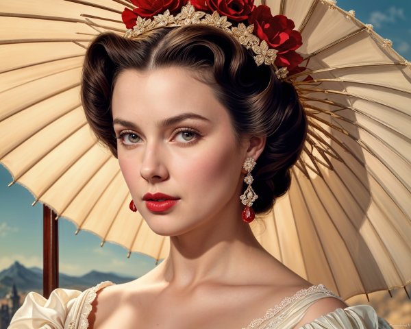 Elegant Woman with Parasol in Serene Landscape