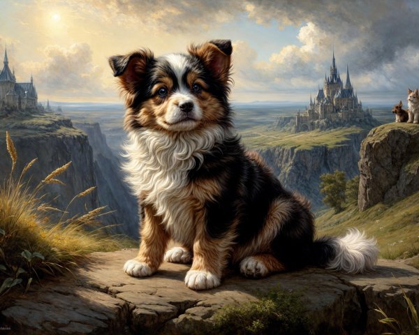 Fluffy Tri-Color Dog on Rocky Ledge with Scenic View