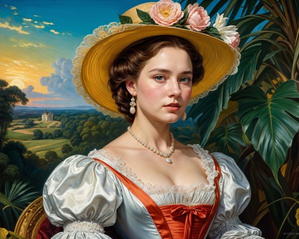 Young Woman in Historical Dress Amidst Scenic Landscape