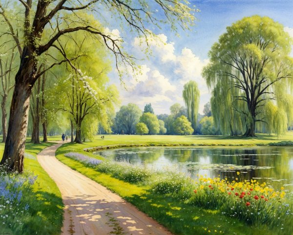 Tranquil Park Scene with Lush Trees and Pond