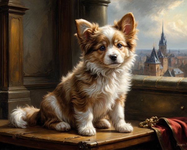 Fluffy Orange and White Dog on Wooden Table with Cityscape