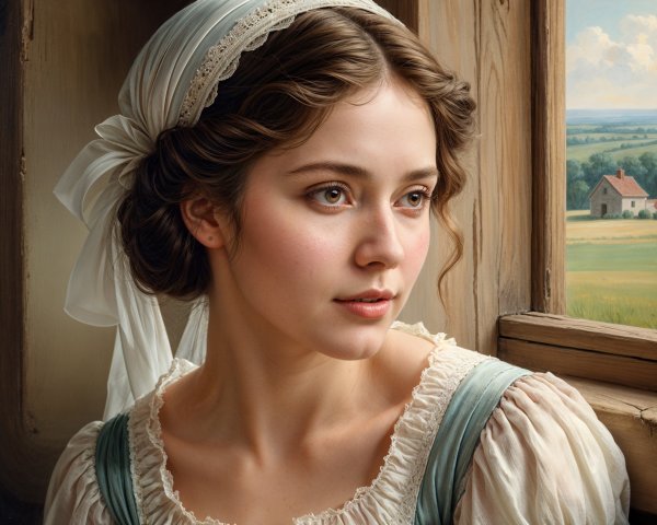 Young woman in period dress by rustic window scene