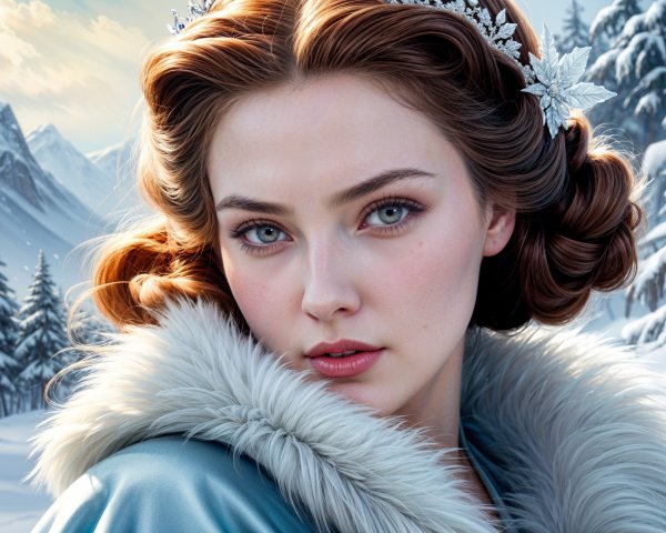 Young woman in blue cloak with silver leaf crown