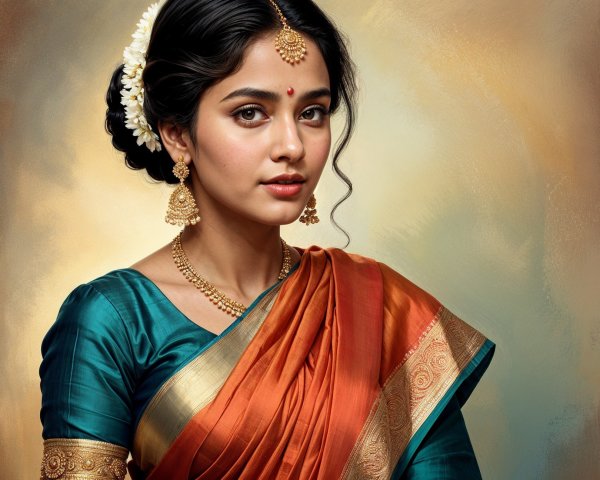 Traditional saree with vibrant colors and jewelry details
