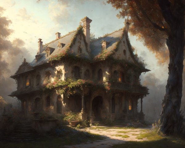 Old Grand Manor Surrounded by Nature and Sunlight