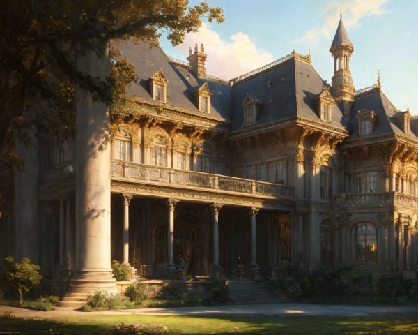 Opulent mansion with intricate architecture and gardens
