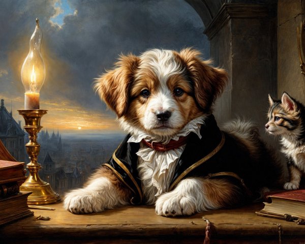 Puppy in Black Coat and Kitten by Vintage Lamp