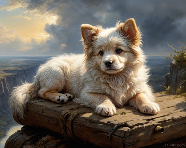 Fluffy golden dog relaxes on wooden ledge by canyon