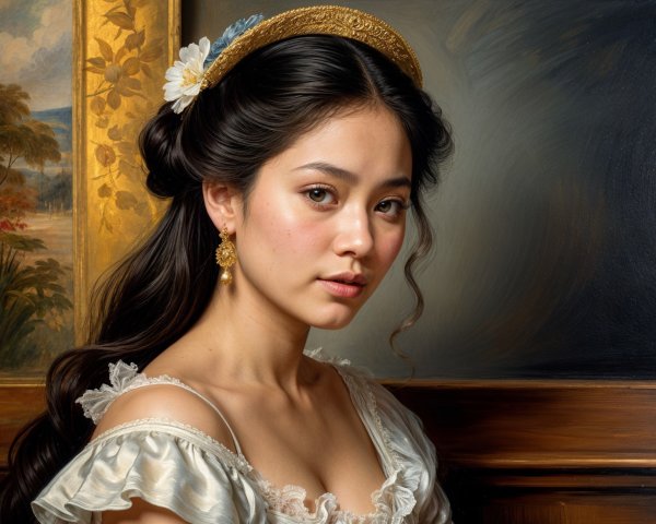 Portrait of a Young Woman in Elegant Dress and Headband