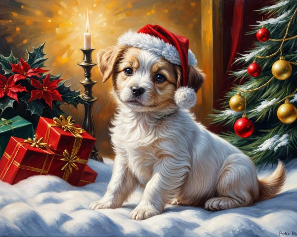 Puppy in Santa Hat Surrounded by Holiday Decor