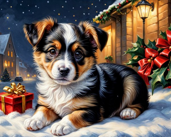 Puppy on Snowy Pathway with Holiday Decorations