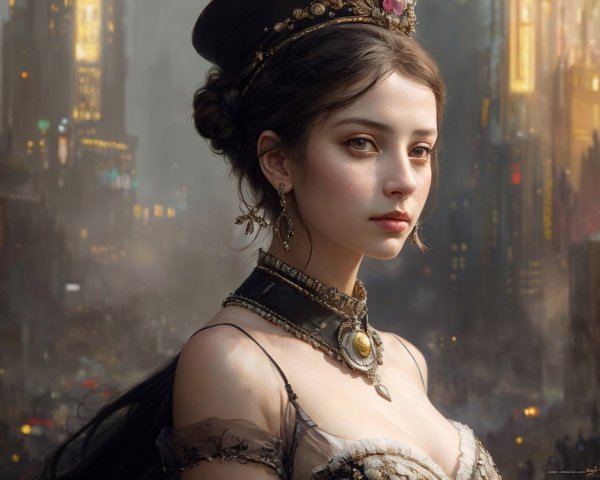 Young Woman in Futuristic Cityscape with Elegant Outfit