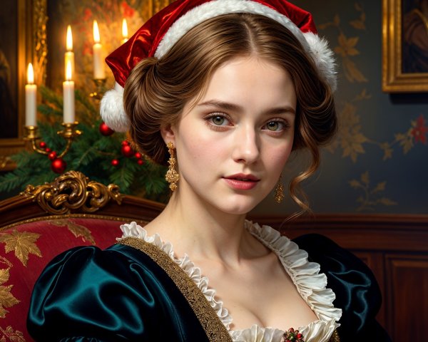 Elegant Woman in Dark Green Gown with Santa Hat