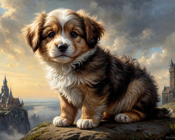 Fluffy puppy on a rocky ledge with castle backdrop