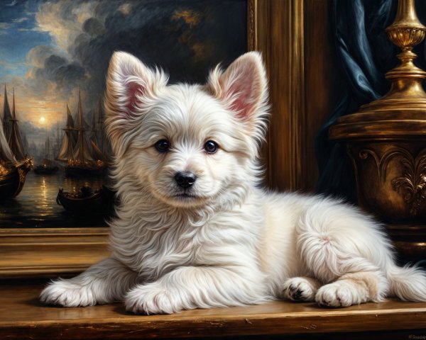 Fluffy White Puppy on Ornate Wooden Surface with Painting