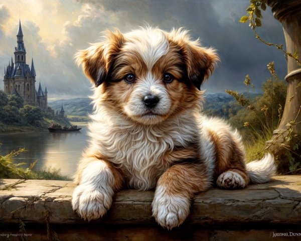 Fluffy Puppy on Stone Ledge with Castle Background
