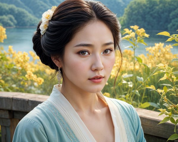 Young Woman in Blue Dress in Flower Field Setting