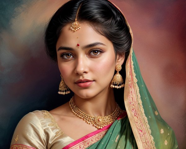 Young woman in traditional green and gold saree with jewelry