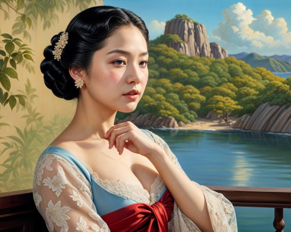 Young Woman in Elegant Attire by Tranquil Lake