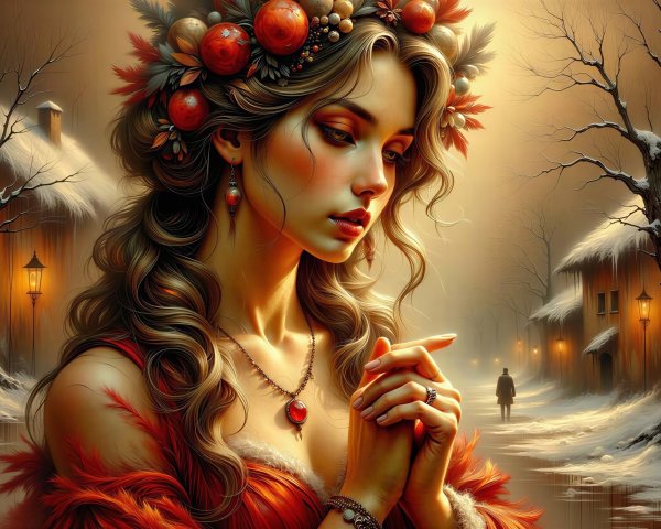 Woman in Red Dress with Festive Headpiece in Snowy Village