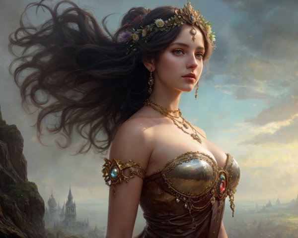 Regal Woman in Floral Crown and Golden Armor