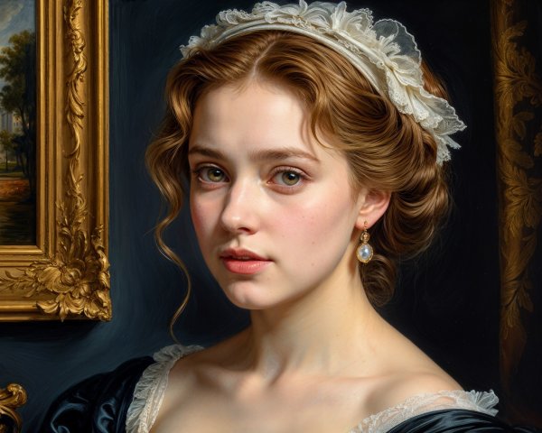 Portrait of a Young Woman in Elegant Gown and Headpiece
