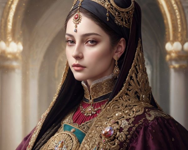 Woman in Ornate Attire with Regal Headdress and Jewelry