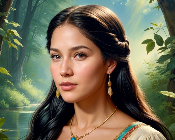 Young woman with black hair in a forest setting