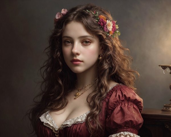 Young woman with wavy hair in floral crown, red vintage dress, and lit candleholder.