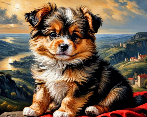 Fluffy Tri-Color Puppy on Red Fabric in Scenic Landscape