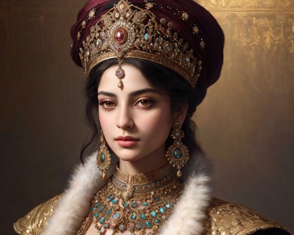 Regal Woman in Opulent Gold Attire and Jewelry