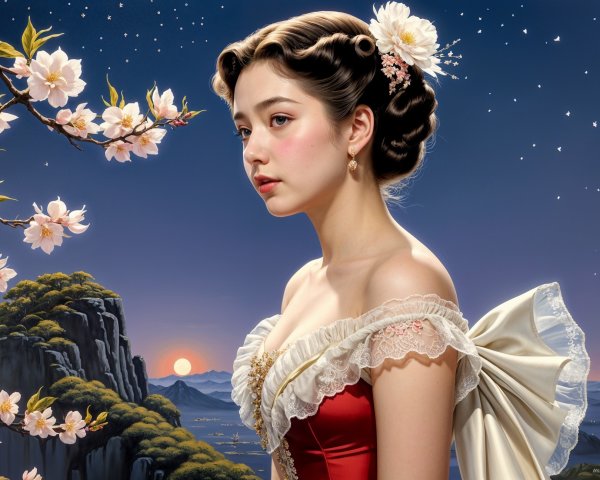 Young Woman in Red Dress Surrounded by Cherry Blossoms
