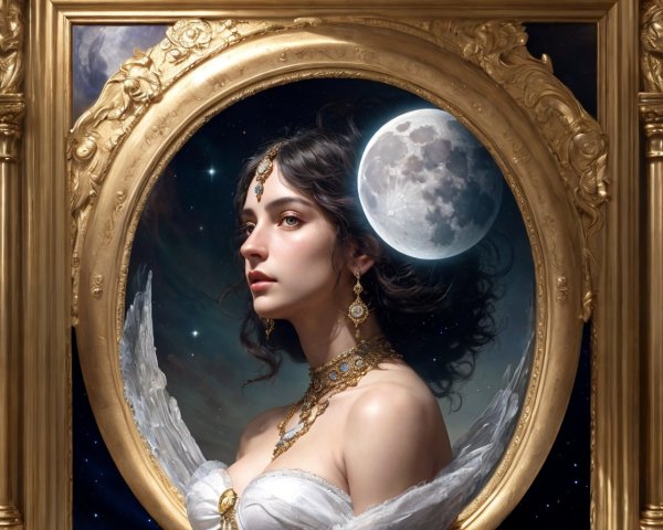 Angel wings woman in gold frame on cosmic backdrop with stars and moon, adorned with jewelry.