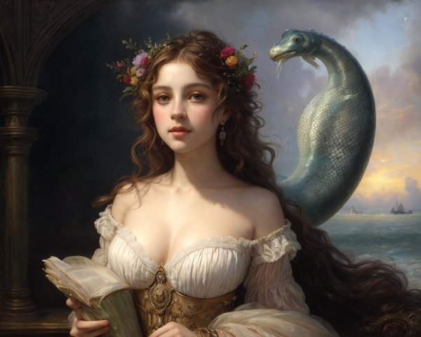 Woman in Historical Dress Reading by the Sea