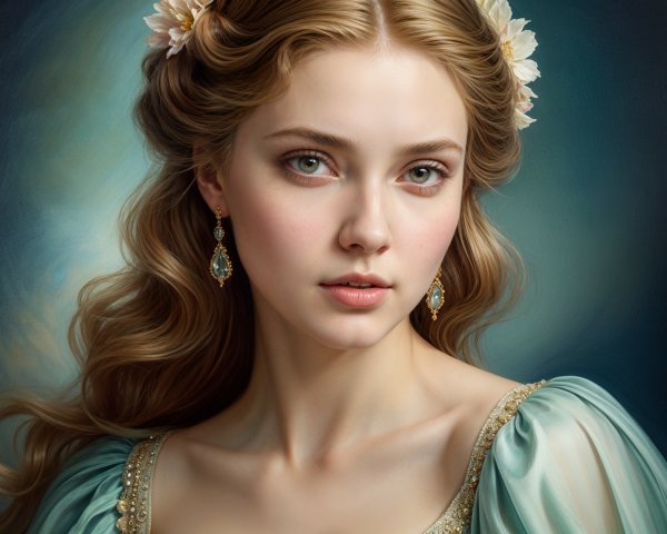 Portrait of a woman in pale blue gown with flowers
