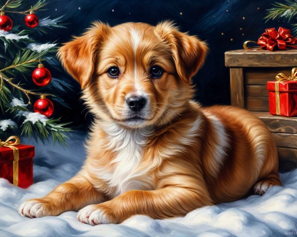 Golden-brown puppy resting by a decorated Christmas tree
